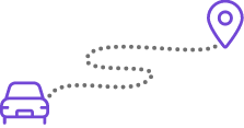 Eine minimalistische Grafik zeigt ein Auto und eine gestrichelte Linie, die zu einer Zielmarkierung führt, symbolisch für eine Route oder Navigation.